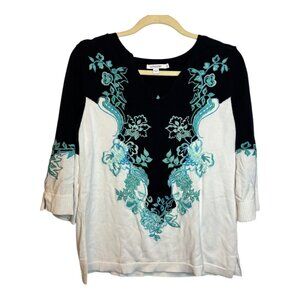 Chico's Sweater Women's Size Medium Embroidered V-Neck Blue White Chico's 1